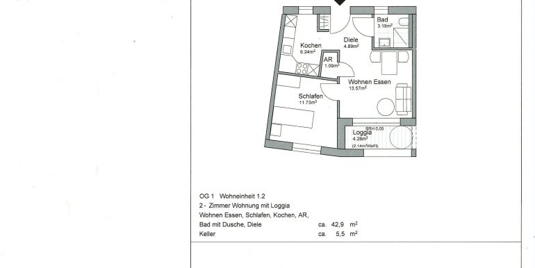 1.Obergeschoss 42,90 m²